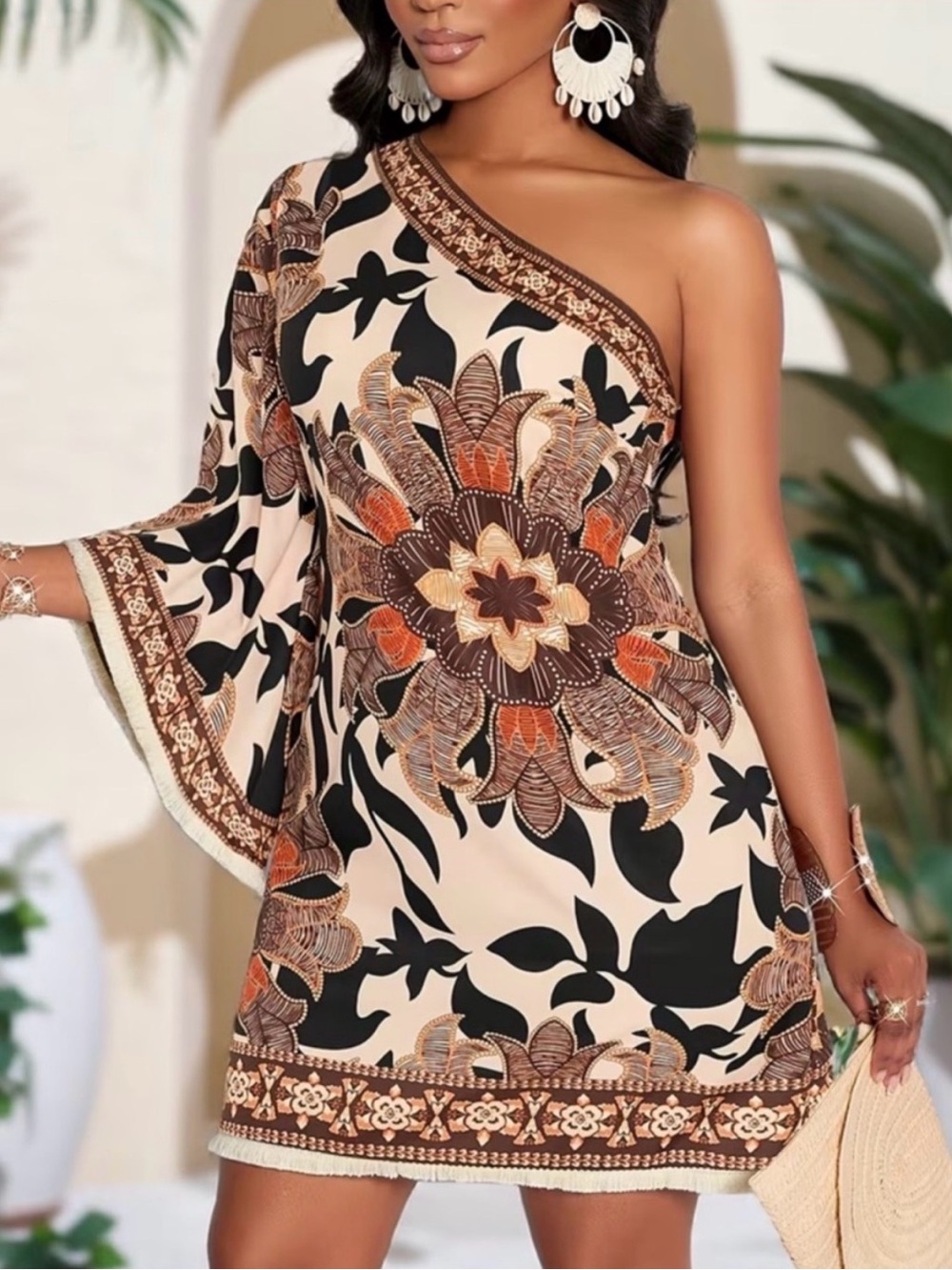 Boho One Shoulder Tunic Dress XXL Floral Beach Cover Up Mini
